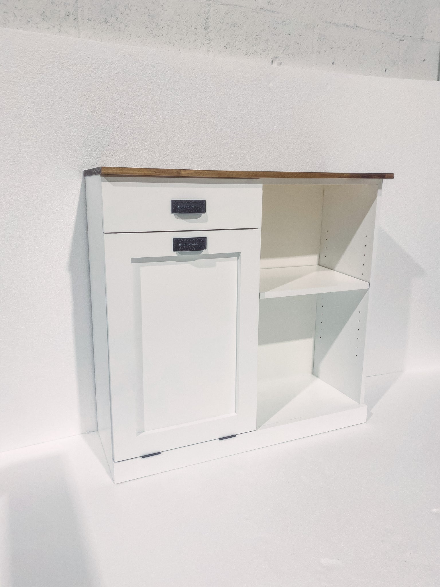 Trash Bin Cabinet with Shelf and Drawer, Trash Can Cabinet, Tilt